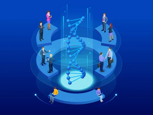 等特元 dna 螺旋, dna 分析概念。数字蓝色背景。创新、医药和技术. — 图库矢量图片