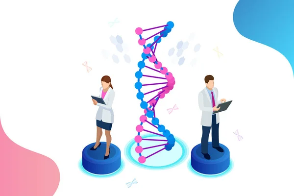 Isometrische dna helix, dna analysierendes Konzept. Digitaler blauer Hintergrund. Innovation, Medizin und Technologie. — Stockvektor