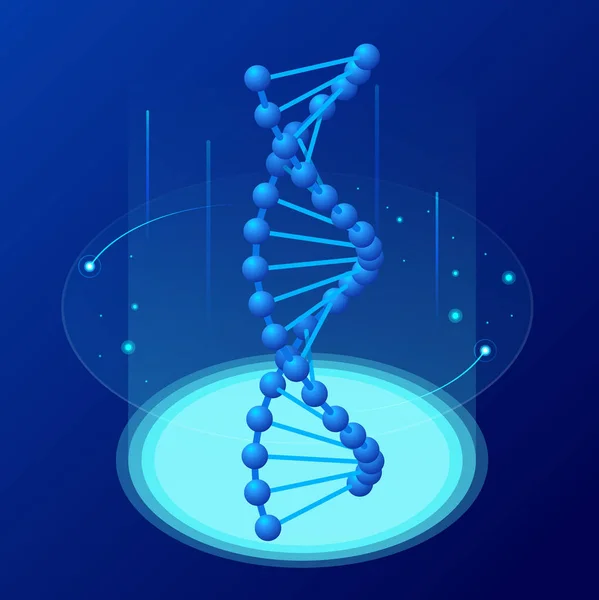 Isometrische dna helix, dna analysierendes Konzept. Digitaler blauer Hintergrund. Innovation, Medizin und Technologie. — Stockvektor