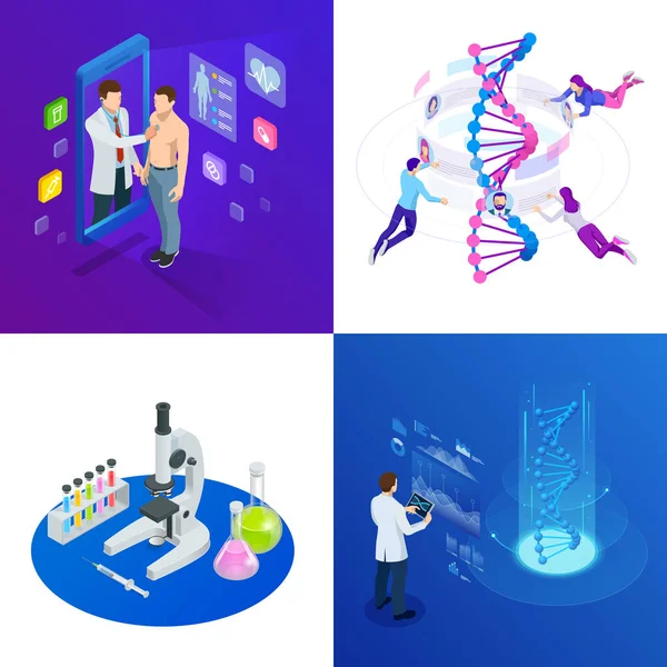 Isometrische Dna-helix, Dna analyse concept. Digitale blauwe achtergrond. Innovatie, geneeskunde en technologie. — Stockvector