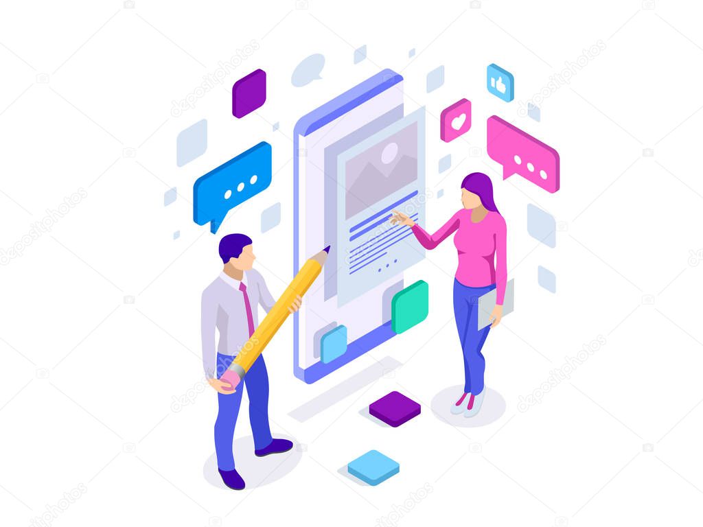 Isometric freelancing, creative blogging, commercial blog posting, copywriting, content marketing strategy. People are standing near smartphone, using a smartphone, reading news, texting message.