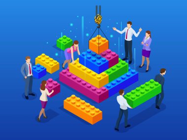 İzometrik iş yönetimi, online iletişim ve ekonomi kavramı, iş takım çalışması ve plastik blokları