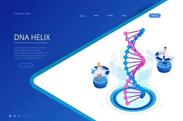 Isometrische dna helix, dna analysierendes Konzept. Digitaler blauer Hintergrund. Innovation, Medizin und Technologie. Web-Seite oder Verleih von apge-Design-Vorlagen — Stockvektor