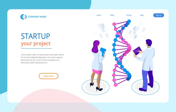 Hélice de DNA isométrica, conceito de Análise de DNA. Fundo azul digital. Inovação, medicina e tecnologia. Página web ou modelos de projeto apge empréstimo —  Vetores de Stock