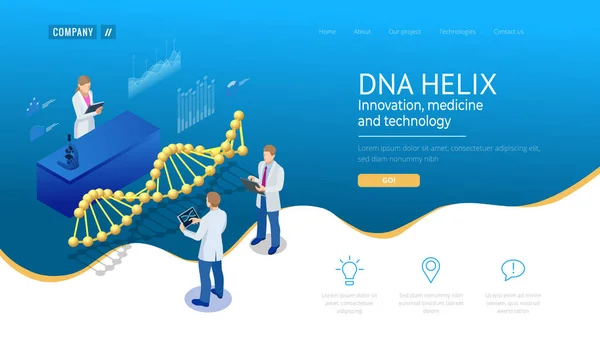 Isometrische dna helix, dna analysierendes Konzept. Digitaler blauer Hintergrund. Innovation, Medizin und Technologie. Web-Seite oder Verleih von apge-Design-Vorlagen — Stockvektor