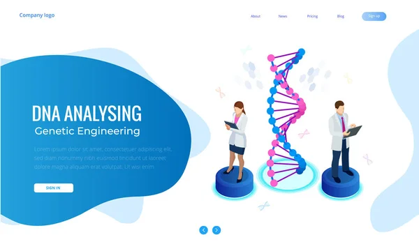 Isometrische dna helix, dna analysierendes Konzept. Digitaler blauer Hintergrund. Innovation, Medizin und Technologie. Web-Seite oder Verleih von apge-Design-Vorlagen — Stockvektor