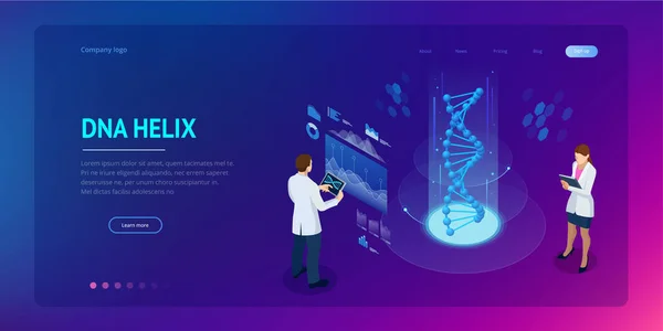 Hélice isométrica de ADN, concepto de análisis de ADN. Fondo azul digital. Innovación, medicina y tecnología. Plantillas de diseño de página web o préstamos apge — Vector de stock