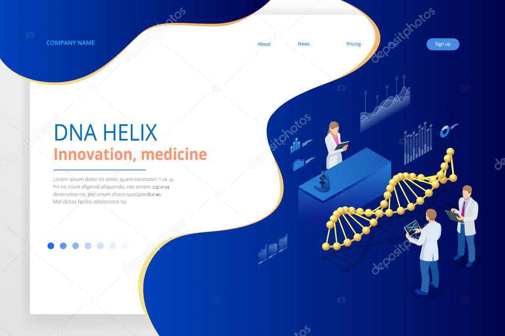 Isometric DNA helix, DNA Analysing concept. Digital blue background. Innovation, medicine, and technology. Web page or lending apge design templates