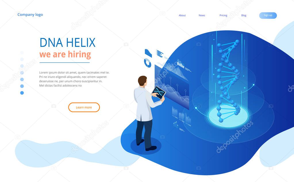 Isometric DNA helix, DNA Analysing concept. Digital blue background. Innovation, medicine, and technology. Web page or lending apge design templates