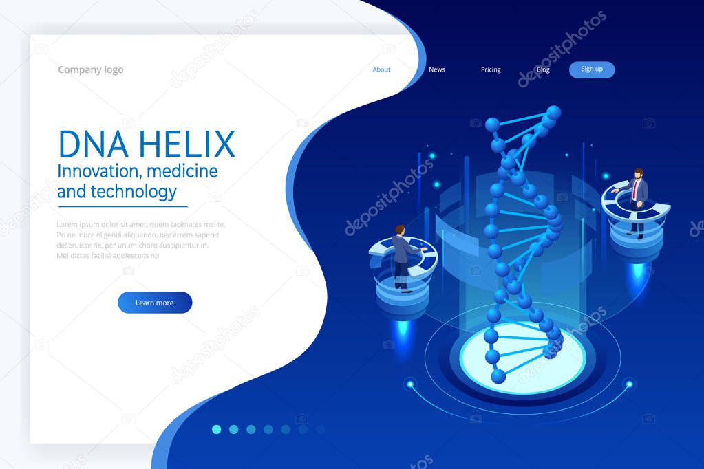 Isometric DNA helix, DNA Analysing concept. Digital blue background. Innovation, medicine, and technology. Web page or lending apge design templates