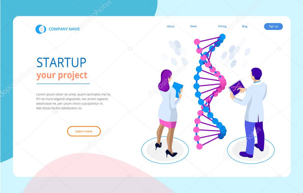 Isometric DNA helix, DNA Analysing concept. Digital blue background. Innovation, medicine, and technology. Web page or lending apge design templates.