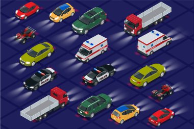 Otomobil araba ışıkları ile gerçekçi izometrik görünümü ayarlayın. Otomobil araba farlar karanlığın içinde. Yolcu taşımacılığı için kentsel toplu taşıma.