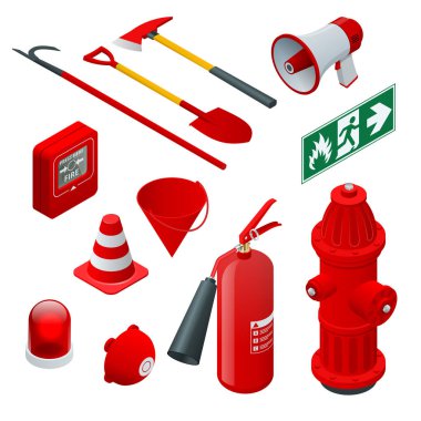 İzometrik yangın güvenliği ve koruma. Düz simgeler söndürücü, hortum, alev, yangın musluğu, koruyucu kask, alarm, balta, kürek, konik kova ve çıkış imzala. Vektör çizim