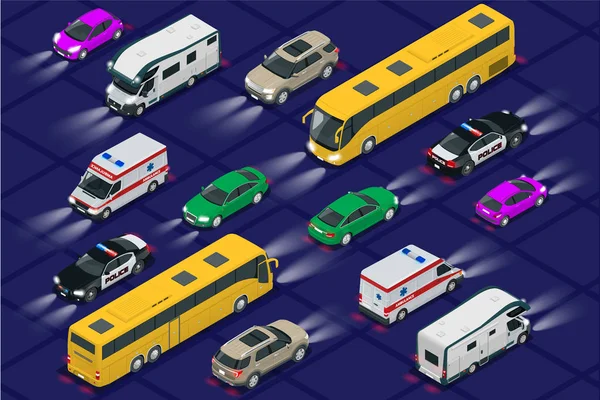 Set cars with car lights realistic isometric view. Automobile car headlights in darkness. Urban public transport for passenger transportation. — Stock Vector