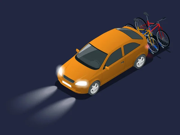 Setzen Autos mit Autoleuchten realistische isometrische Ansicht. Autoscheinwerfer in der Dunkelheit. Öffentlicher Nahverkehr für den Personenverkehr. — Stockvektor