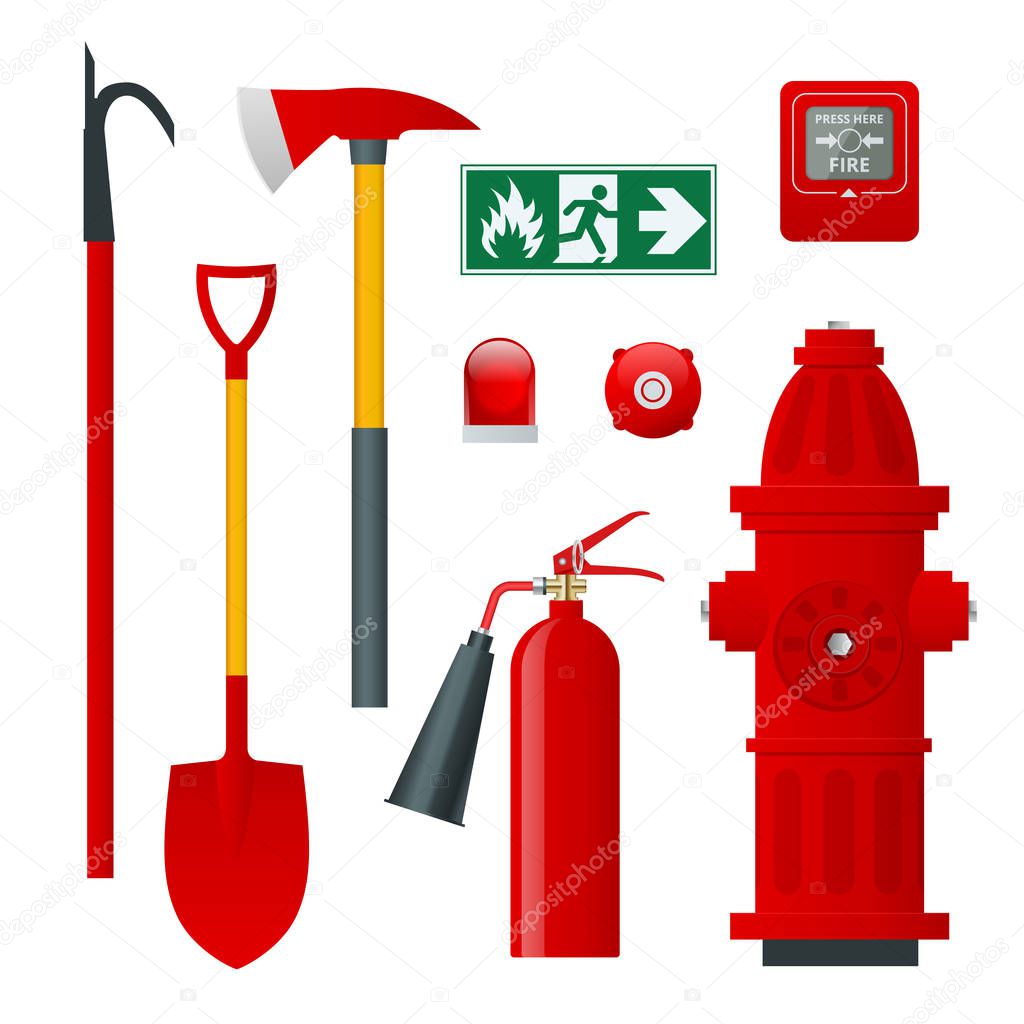 Fire safety and protection. Flat icons extinguisher, hose, flame, hydrant, protective helmet, alarm, axe, shovel, conical bucket and exit sign. Vector illustration