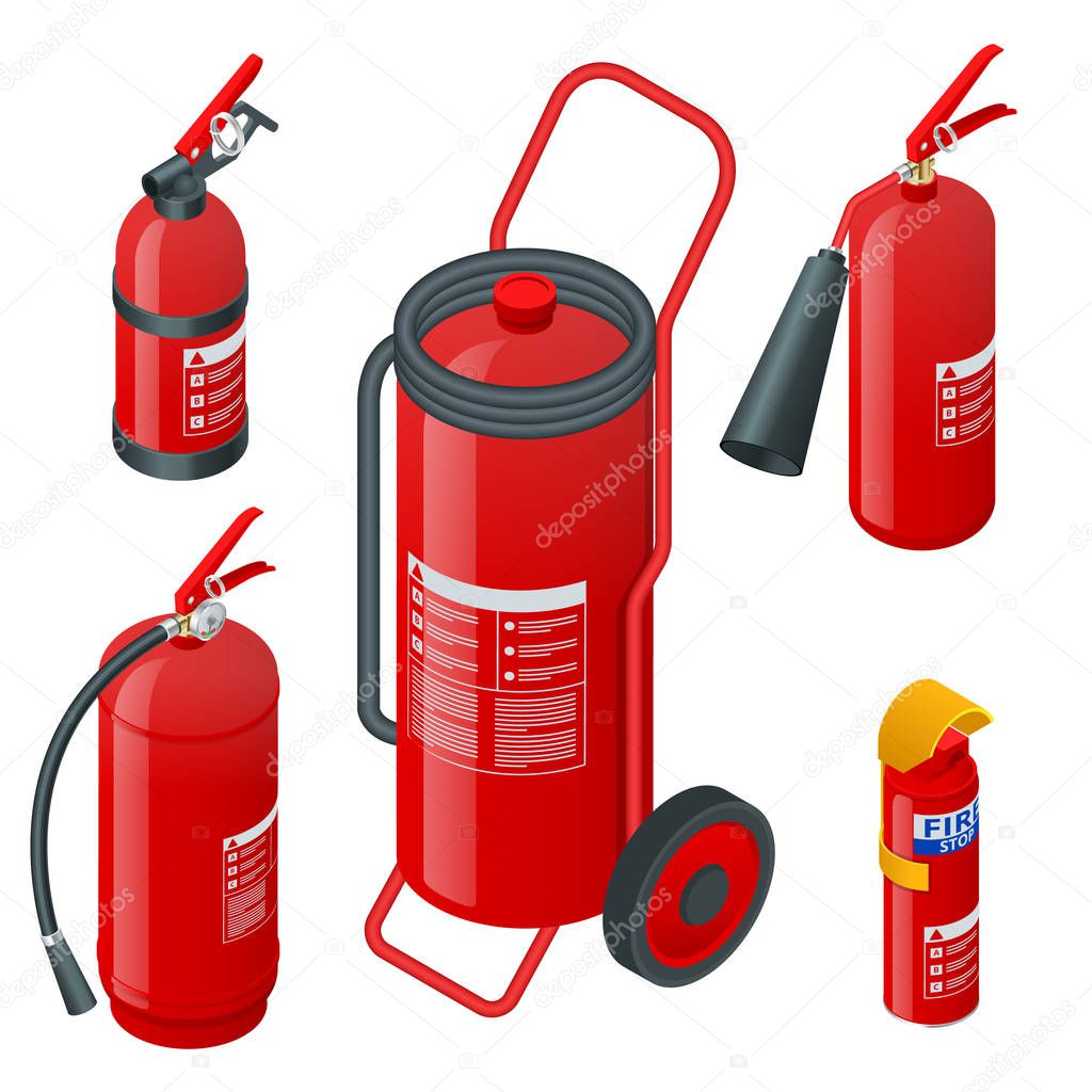 Isometric foam extinguishers, fire extinguishers isolated on white background. Fire safety and protection