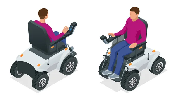 Homme Isométrique Fauteuil Roulant Électrique Nouveau Grand Fauteuil Roulant Électrique — Image vectorielle