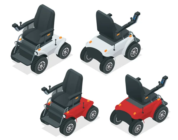 Isometric set of electric wheelchair. New large motorized electric wheelchair. Mobile scooter. — Stok Vektör