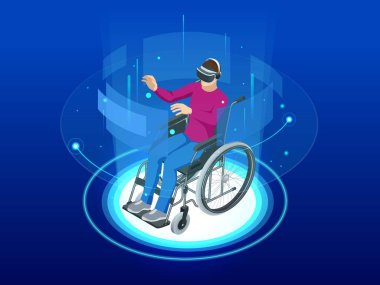 İzometrik adam bir rampa ve izole sanal gerçeklik gözlükleri giyen adam kullanarak tekerlekli sandalyede. Yürümek zor veya imkansız hastalık, yaralanma ya da sakatlık nedeniyle olduğunda kullanılan tekerlekli sandalye.