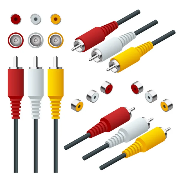 Conjunto isométrico de conexiones de entrada de cable de vídeo de audio. Cable RCA Vista recta e isométrica . — Vector de stock