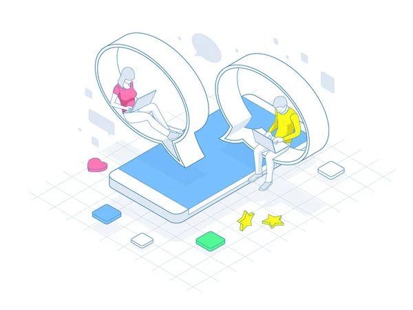 Isometric concept of social media network, digital communication, chatting. Online chat man and woman app icons. Chat messages notification on smartphone. — ストックベクタ