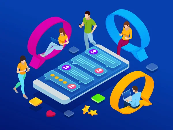 Isometric concept of social media network, digital communication, chatting. Online chat man and woman app icons. Chat messages notification on smartphone. — ストックベクタ