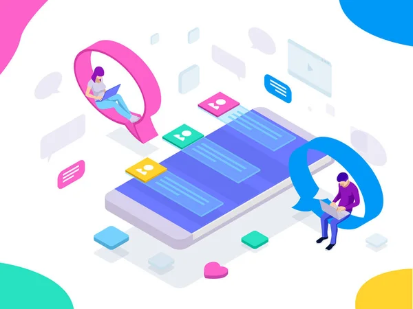 Isometric concept of social media network, digital communication, chatting. Online chat man and woman app icons. Chat messages notification on smartphone. — 图库矢量图片