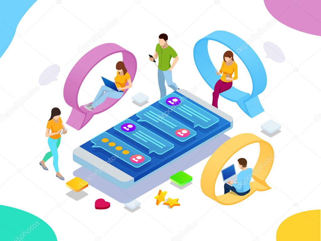 Isometric concept of social media network, digital communication, chatting. Online chat man and woman app icons. Chat messages notification on smartphone.
