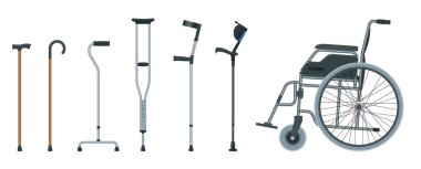 Hareketlilik kümesi bir tekerlekli sandalye, walker, koltuk değneği, dört kamışı ve ön kol koltuk değneği gibi yardımcı olur. Düz illüstrasyon. Sağlık kavramı.