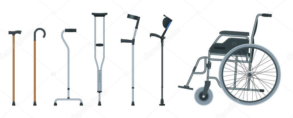 Set of mobility aids including a wheelchair, walker, crutches, quad cane, and forearm crutches. Flat illustration. Health care concept.