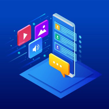 İzometrik sosyal medya Bot, messenger sohbet Bot, otomatik yanıt yazılım kavramı. İş, teknoloji, internet ve ağ kavramı. Vektör çizim.