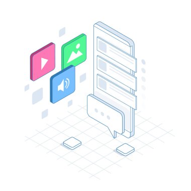 İzometrik sosyal medya Bot, messenger sohbet Bot, otomatik yanıt yazılım kavramı. İş, teknoloji, internet ve ağ kavramı. Vektör çizim