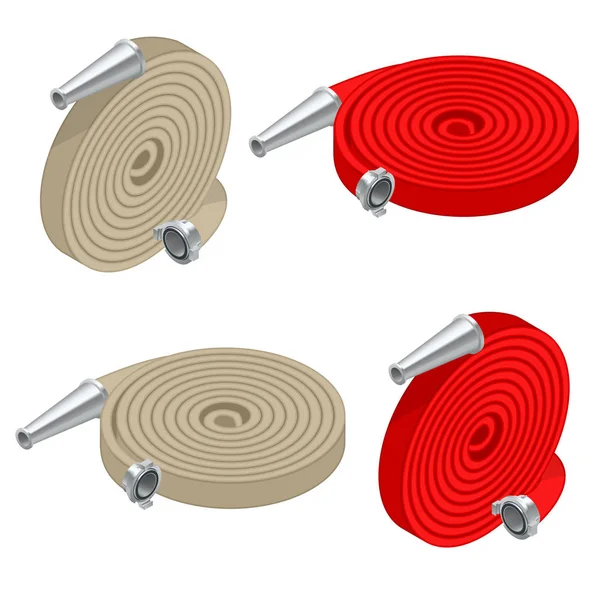 Isometric set of fire hoses. Fire safety and protection. Rolled into a roll, red fire hose with aluminum connective couplings isolated. Vector illustration — Stock Vector