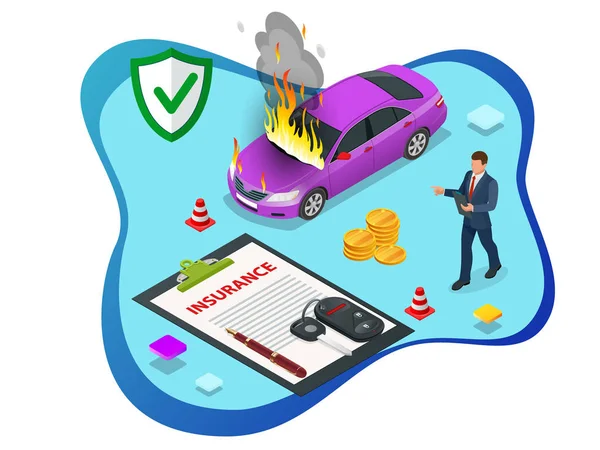 Isometric Car Insurance services. Auto insurance policy with cash and key fob. Protection from danger, providing security. — Stock Vector