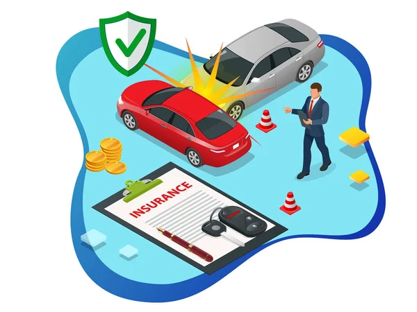 Isometric Car Insurance services. Auto insurance policy with cash and key fob. Protection from danger, providing security. — Stock Vector