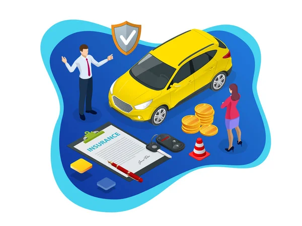 Isometrische Car Insurance concept. Automobiel verzekeringspolis met contant geld en sleutelhanger. Vergoeding voertuig. — Stockvector