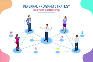 Isometric Referral marketing, network marketing, referral program strategy, referring friends, business partnership, affiliate marketing concept. clipart