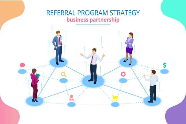 Izometryczne skierowania marketing, marketingu, strategii programu skierowania, sieciowego odnoszące się przyjaciółmi, partnerstwo biznesowe, affiliate marketing concept. — Wektor stockowy