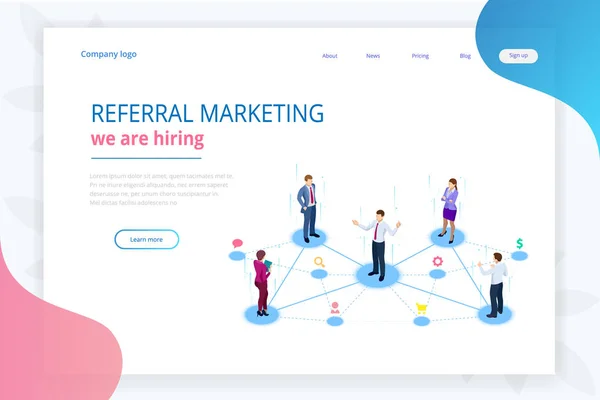 Isometric Referral marketing, network marketing, referral program strategy, referring friends, business partnership, affiliate marketing concept. — Stock Vector