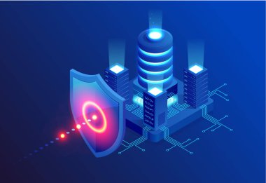 İzometrik koruma ağ güvenlik ve güvenli veri kavramı. Web sayfa tasarım şablonları Cybersecurity. Dijital suç anonim bir hacker tarafından. Vektör çizim
