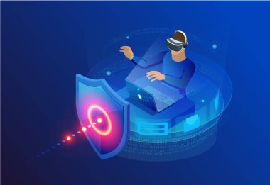 İzometrik koruma ağ güvenlik ve güvenli veri kavramı. Web sayfa tasarım şablonları Cybersecurity. Dijital suç anonim bir hacker tarafından. Vektör çizim