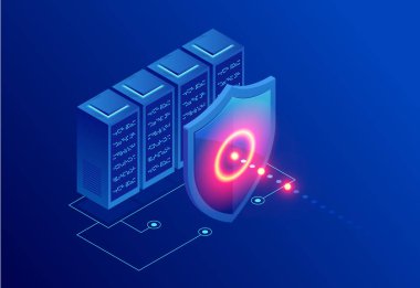 İzometrik koruma ağ güvenlik ve güvenli veri kavramı. Web sayfa tasarım şablonları Cybersecurity. Dijital suç anonim bir hacker tarafından. Vektör çizim
