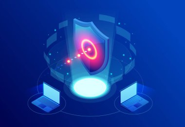 İzometrik koruma ağ güvenlik ve güvenli veri kavramı. Web sayfa tasarım şablonları Cybersecurity. Dijital suç anonim bir hacker tarafından. Vektör çizim