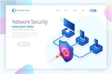 İzometrik koruma ağ güvenlik ve güvenli veri kavramı. Web sayfa tasarım şablonları Cybersecurity. Dijital suç anonim bir hacker tarafından. Vektör çizim