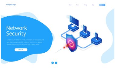 İzometrik koruma ağ güvenlik ve güvenli veri kavramı. Web sayfa tasarım şablonları Cybersecurity. Dijital suç anonim bir hacker tarafından. Vektör çizim