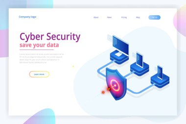 İzometrik koruma ağ güvenlik ve güvenli veri kavramı. Web sayfa tasarım şablonları Cybersecurity. Dijital suç anonim bir hacker tarafından. Vektör çizim