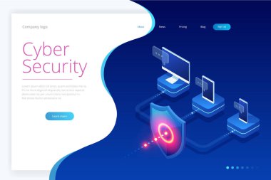 İzometrik koruma ağ güvenlik ve güvenli veri kavramı. Web sayfa tasarım şablonları Cybersecurity. Dijital suç anonim bir hacker tarafından. Vektör çizim