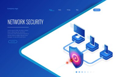 İzometrik koruma ağ güvenlik ve güvenli veri kavramı. Web sayfa tasarım şablonları Cybersecurity. Dijital suç anonim bir hacker tarafından. Vektör çizim