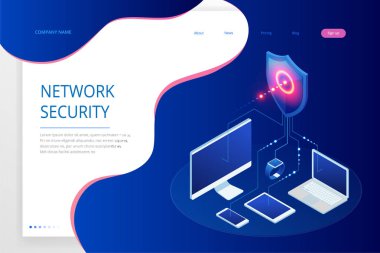 İzometrik koruma ağ güvenlik ve güvenli veri kavramı. Web sayfa tasarım şablonları Cybersecurity. Dijital suç anonim bir hacker tarafından. Vektör çizim